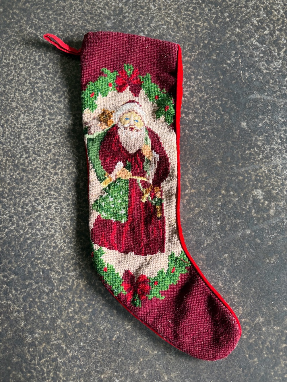 Vtg Needlepoint Christmas Stocking Santa Clause Holly Wool velvet Red Back